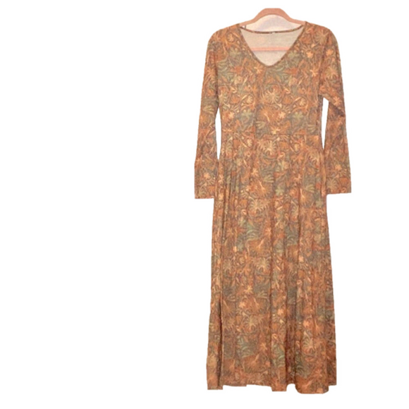 Dresses & Skirts - Long Sleeve V Neck Autumn Leaf Print  Dress With Pockets
